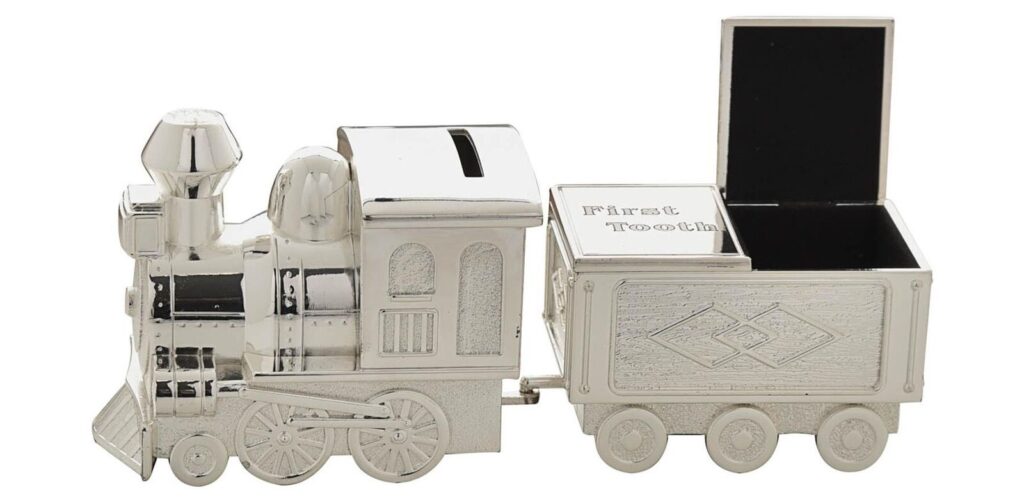 Silver-Plated Train Money Box With First Tooth & Curl Carriage.
